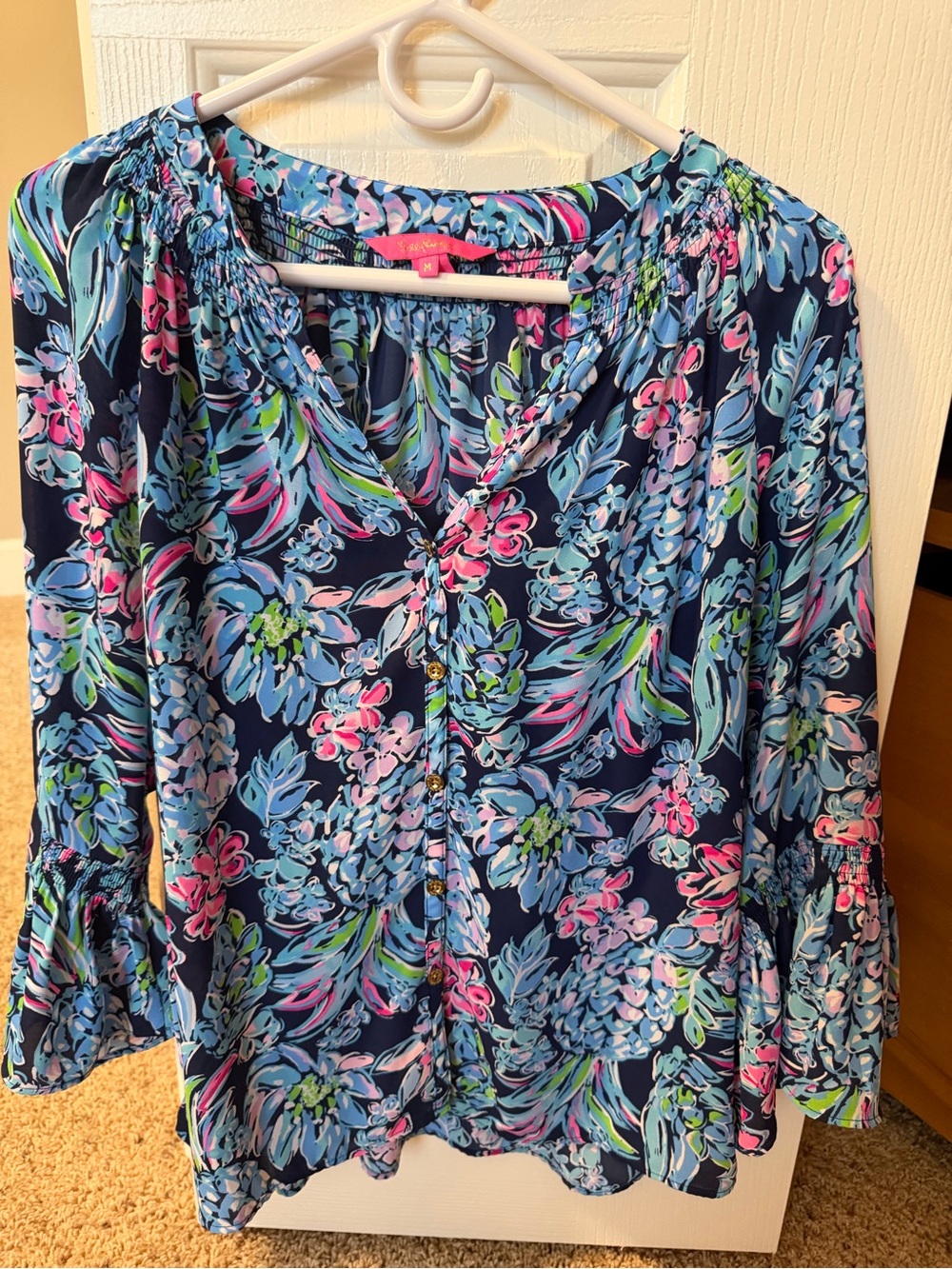 Lilly Pulitzer Navy Multi Floral V-Neck Blouse